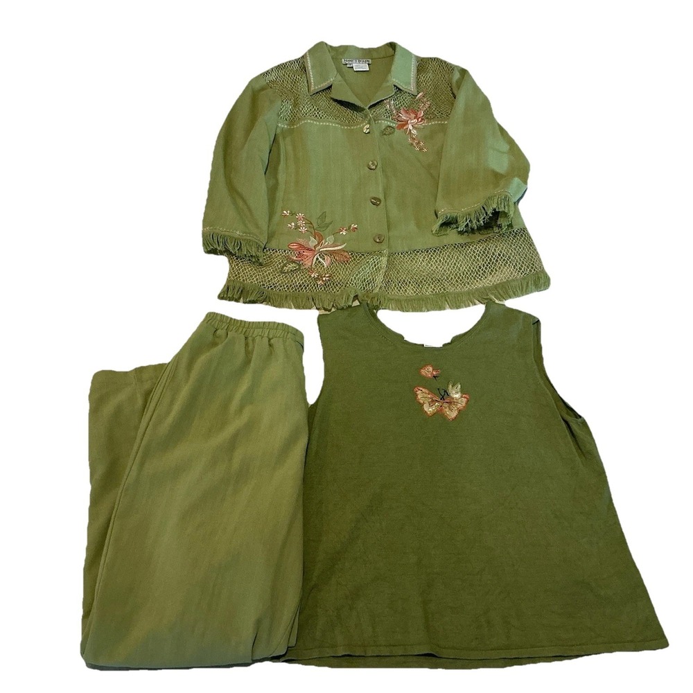 Nancy Bolen 3 Pc Pantsuit Set Size 14 Olive Green Embroidered Fringe Mesh